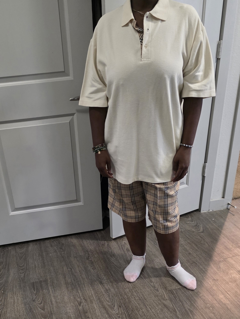 Men's Plaid Flat Front Shorts in Beige